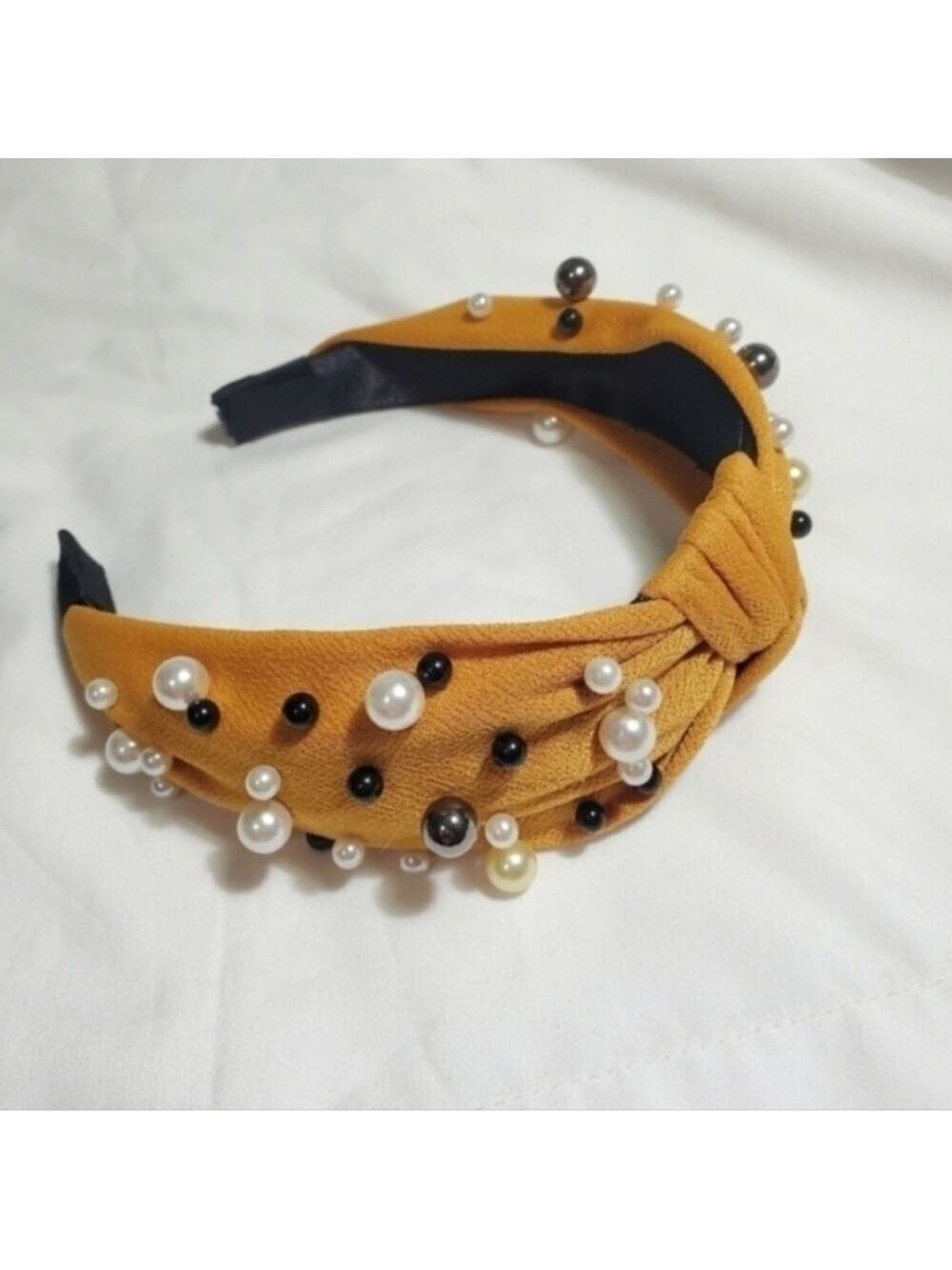 Pearl Knotted Headband Mustard Yellow Beaded Hair Accessory OS
